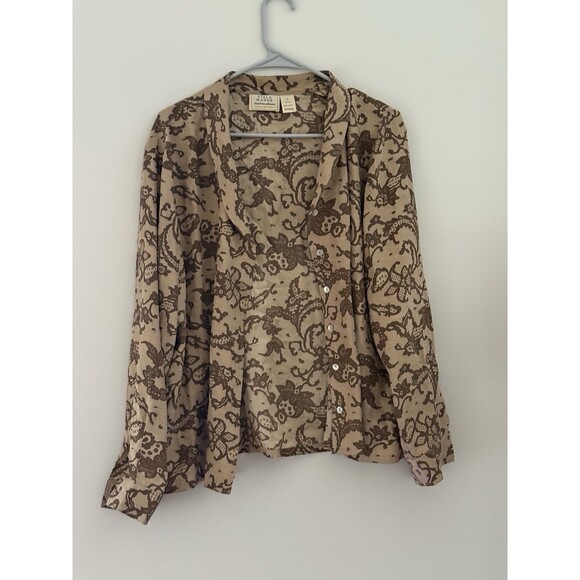 Vintage 90s Field Manor Earthtone Floral Print Long Sleeve Silk Blouse boho - Picture 1 of 6
